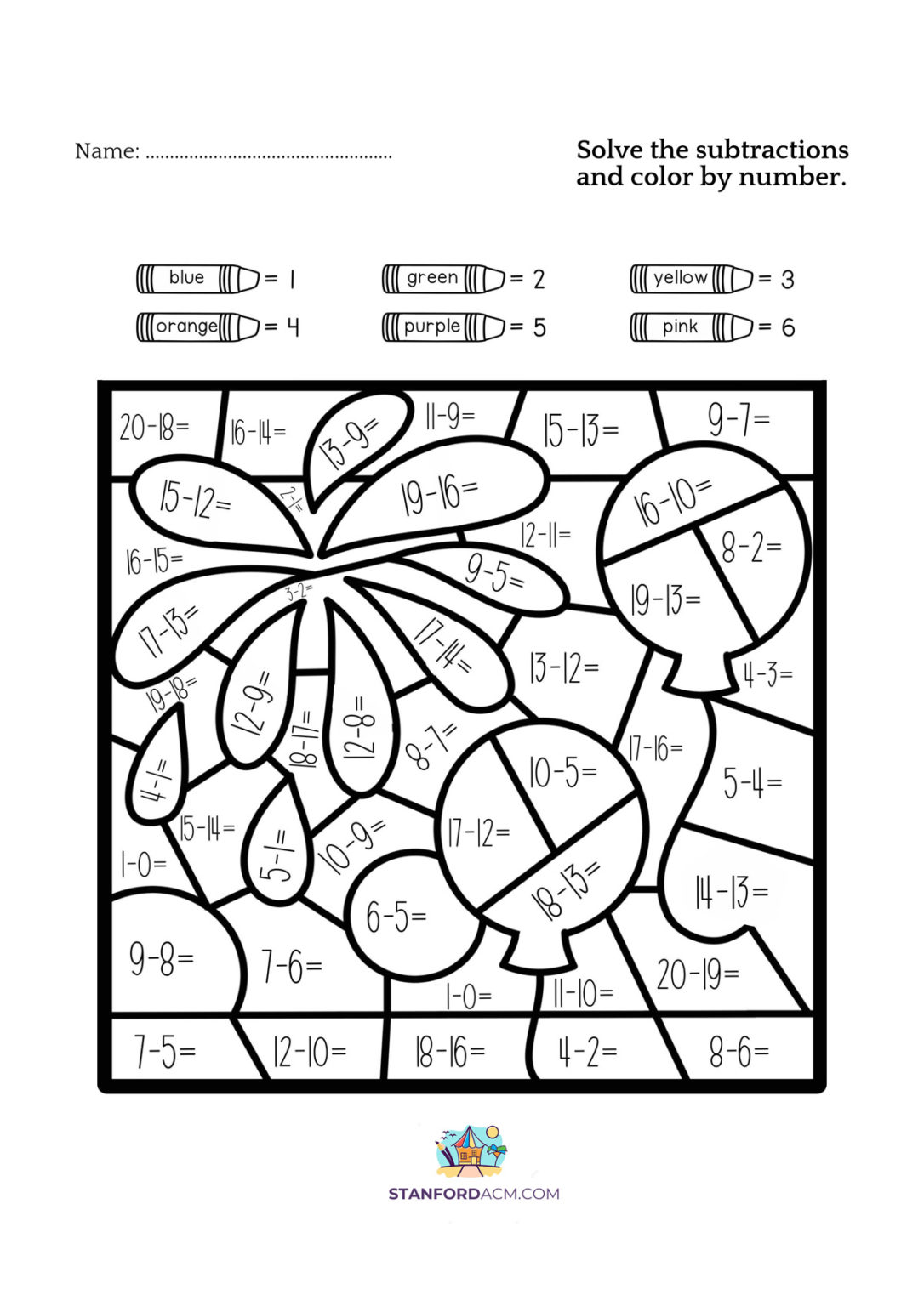 color by number subtraction worksheet free worksheets pdf