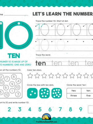 Number 10 Tracing Worksheet for Kindergarten