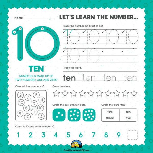 Number 10 Tracing Worksheet for Kindergarten