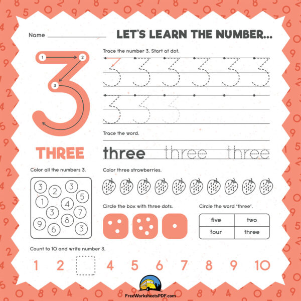 Number 3 Tracing Worksheet for Kindergarten