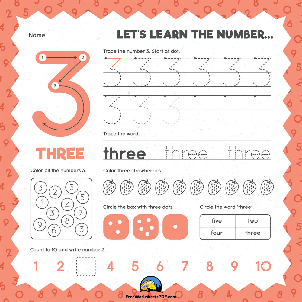 Number 3 Tracing Worksheet For Kindergarten Download Now 