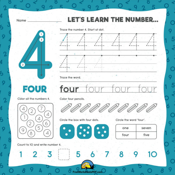 Number 4 Tracing Worksheet For Kindergarten Download Now 