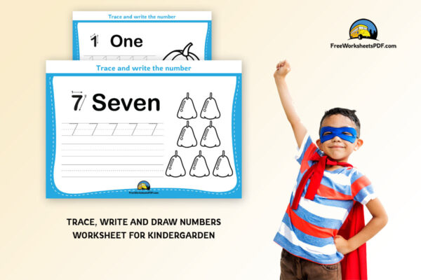 Trace, write and draw numbers worksheet for kindergarden