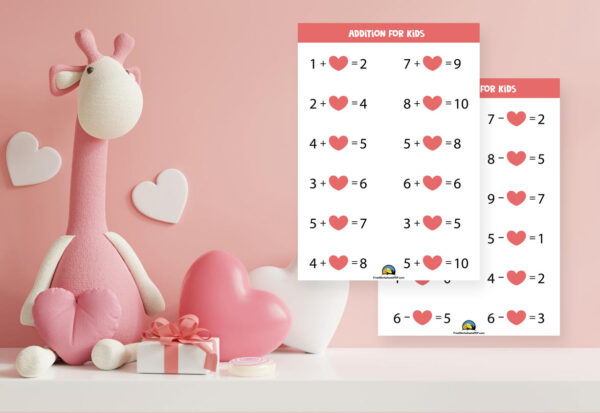 Valentines Day Addition and Subtraction Worksheet 1st Grade